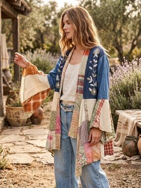 Denim Embroidery Patchwork Kimono with Bell Sleeves